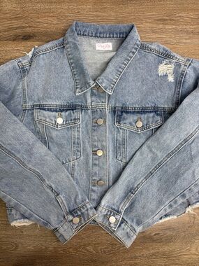 Pink Lily Medium Wash Cropped Distressed Denim Jacket XL